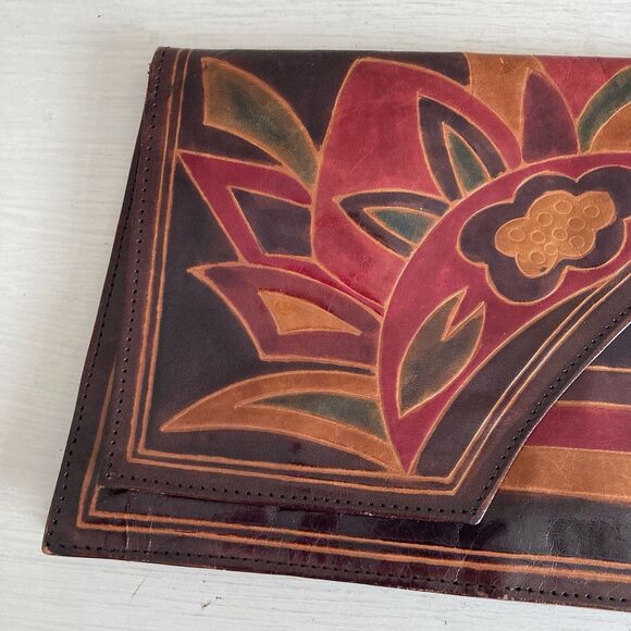 Larella Vintage Handmade Leather Clutch Hand Painted Indian Batik Indonesian - Picture 2 of 7